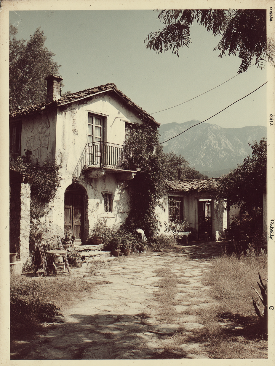 Altes griechisches Haus mit Steinweg, Balkon und Bergen im Hintergrund