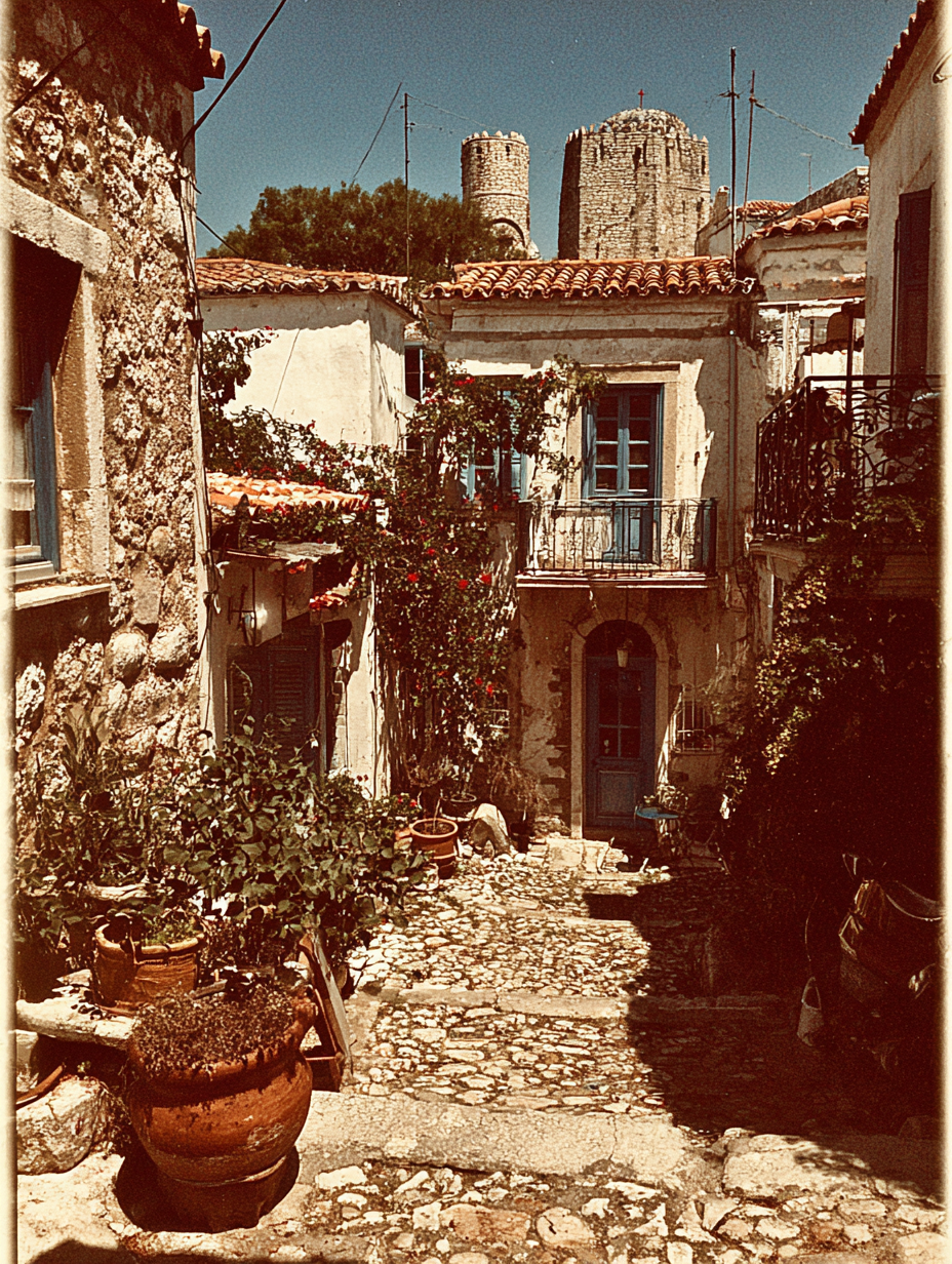 Sonniger griechischer Innenhof mit Stein, Pflanzen und alten Türmen
