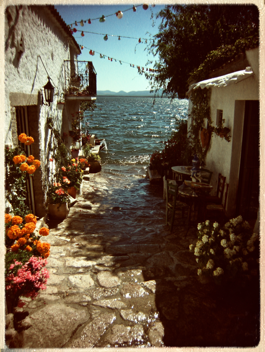 Gasse direkt am Wasser mit Blumen und Stühlen