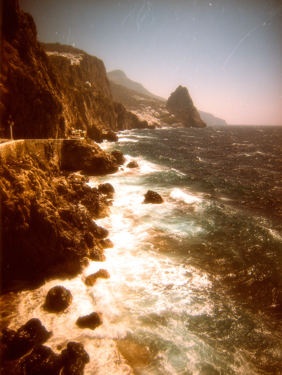 Goldene Felsküste mit schäumendem Meer und vintage Filmkorn