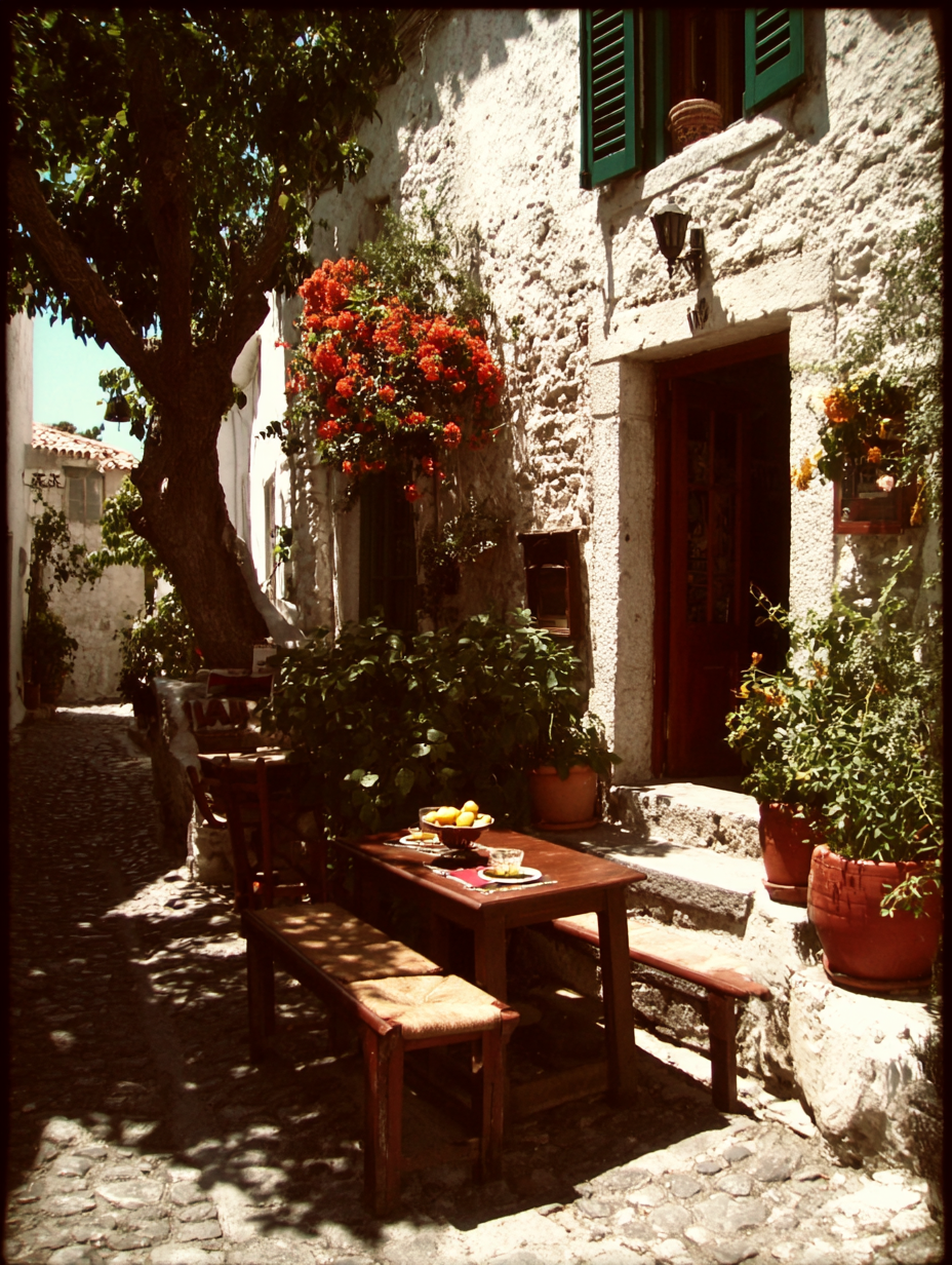 Kleiner Tisch vor einer griechischen Steinhausfassade mit Blüten und Schatten